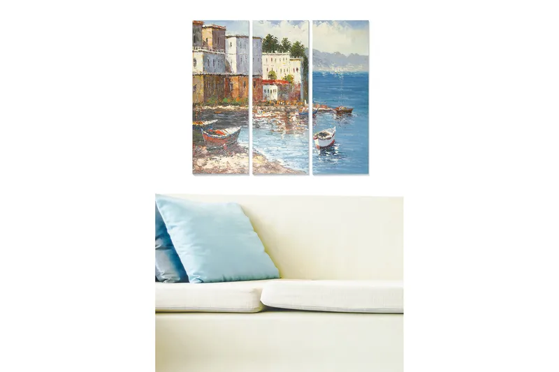 Canvastavla i trä 3-delar 50x70 cm - Vacker kustlandskap med båtar vid en färgglad hamn, Blå / Vit / Brun
