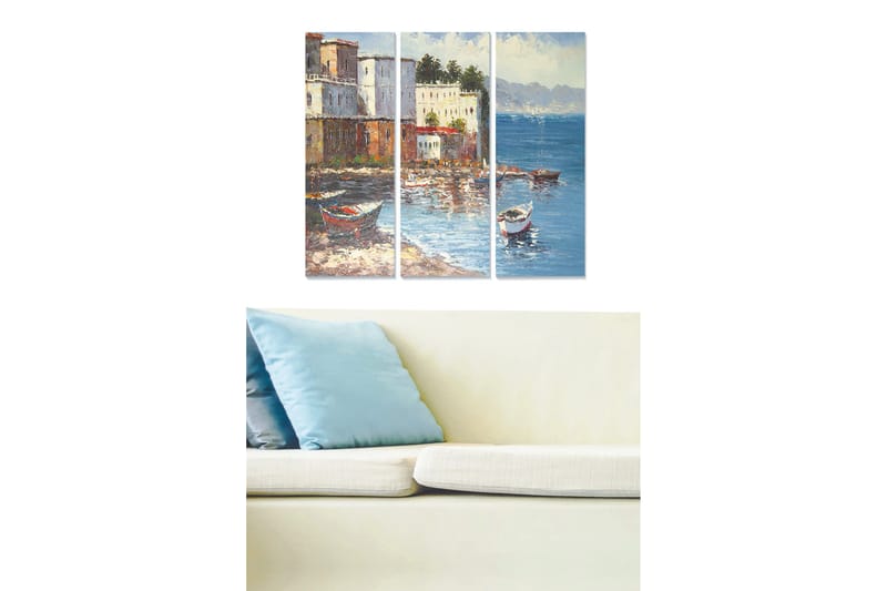 Canvastavla i trä 3-delar 50x70 cm - Vacker kustlandskap med båtar vid en färgglad hamn, Blå / Vit / Brun