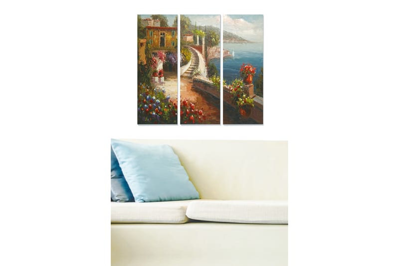 Canvastavla i trä 3-delar 50x70 cm - Vacker kustlandskap med blommor och en slingrande väg vid havet, Grön / Blå / Röd