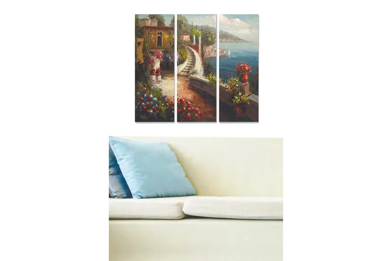 Canvastavla i trä 3-delar 50x70 cm - Vacker kustlandskap med blommor och en slingrande väg vid havet, Grön / Blå / Röd