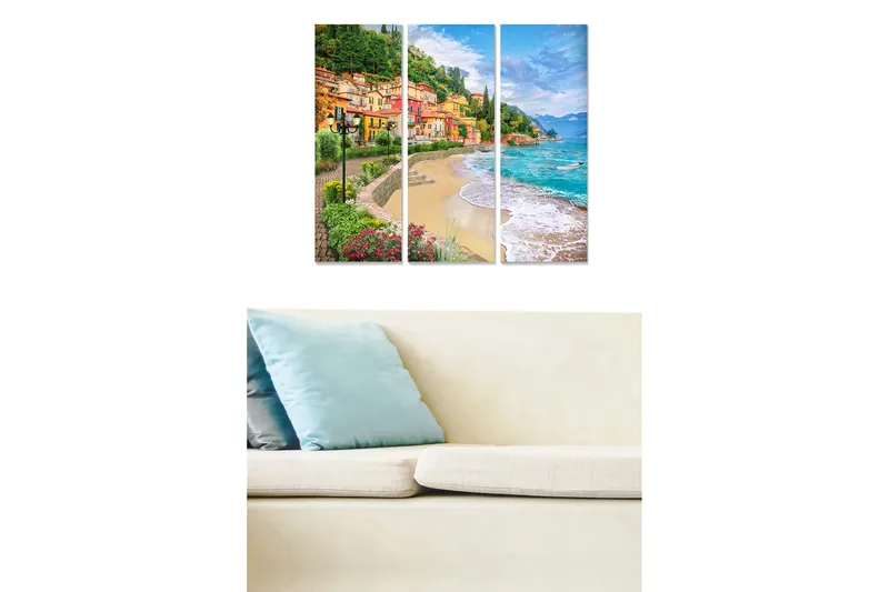 Canvastavla i trä 3-delar 50x70 cm - Vacker kustlinje med färgglada hus och strand, Grön / Blå / Orange