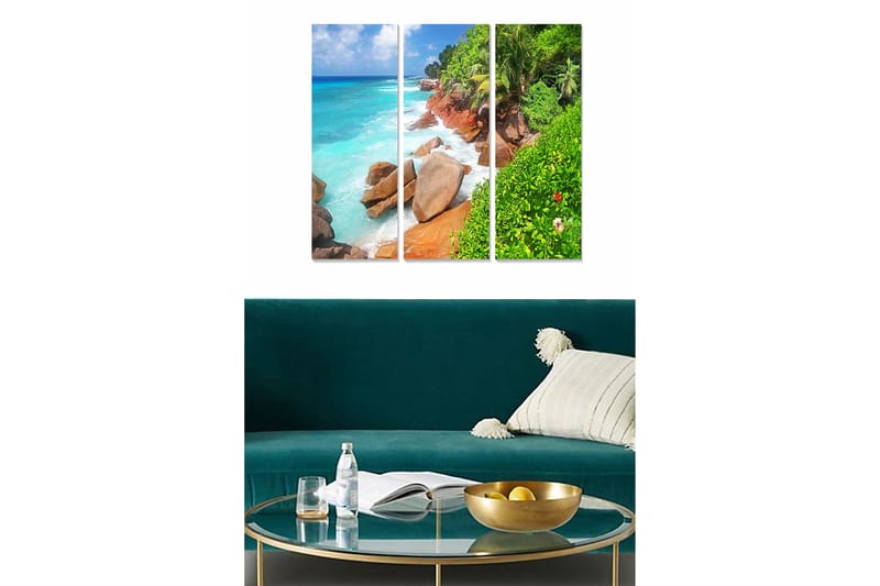 Canvastavla i trä 3-delar 50x70 cm - Vacker kustlinje med klippor och turkost hav - Turkos / Grön / Brun - Inredning - Tavlor & konst - Canvastavlor