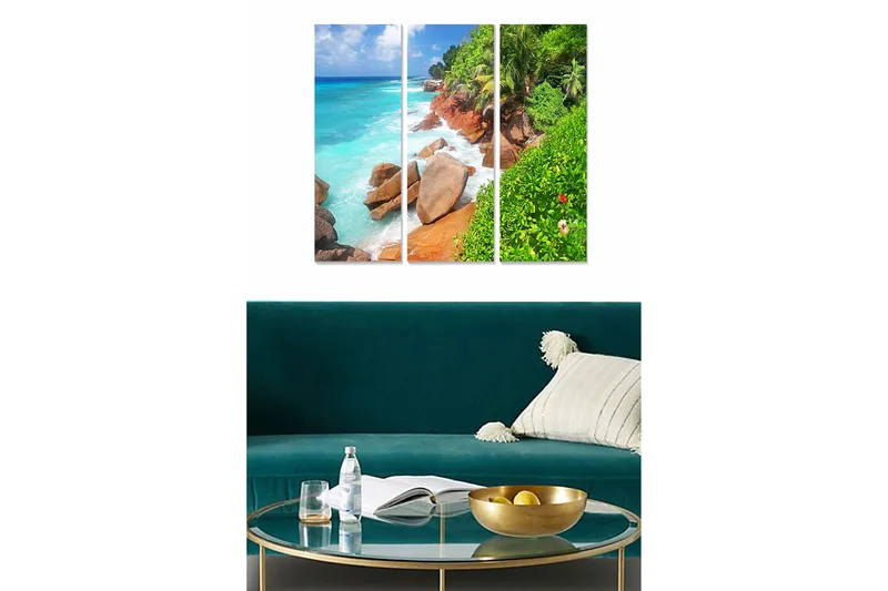 Canvastavla i trä 3-delar 50x70 cm - Vacker kustlinje med klippor och turkost hav, Turkos / Grön / Brun