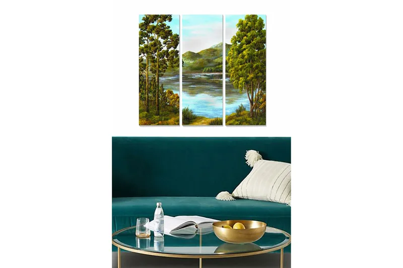 Canvastavla i trä 3-delar 50x70 cm - Vacker landskapsmålning med träd och spegelblanka sjöar, Grön / Blå / Brun