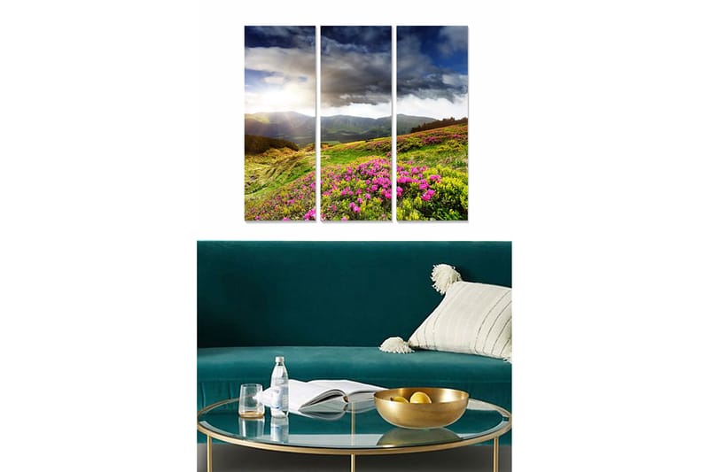 Canvastavla i trä 3-delar 50x70 cm - Vacker landskapsvy med blommande ängar och fjärran berg, Grön / Rosa / Blå