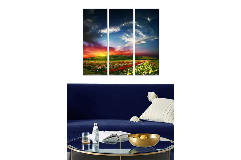 Canvastavla i trä 3-delar 50x70 cm - Vacker landskapsvy med blomsterfält och dramatisk himmel, Grön / Röd / Gul