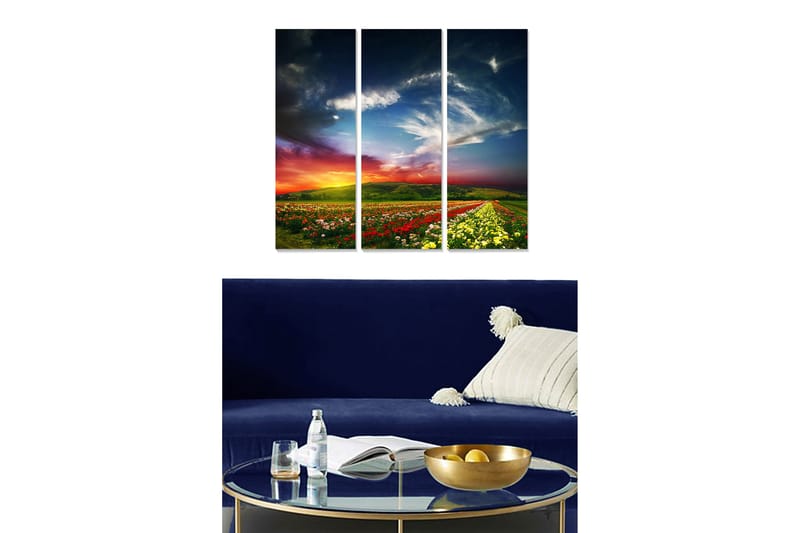Canvastavla i trä 3-delar 50x70 cm - Vacker landskapsvy med blomsterfält och dramatisk himmel, Grön / Röd / Gul