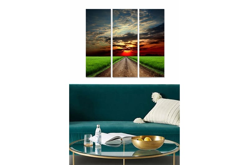 Canvastavla i trä 3-delar 50x70 cm - Vacker landskapsvy med en väg som leder mot en solnedgång över fält, Grön / Röd / Blå