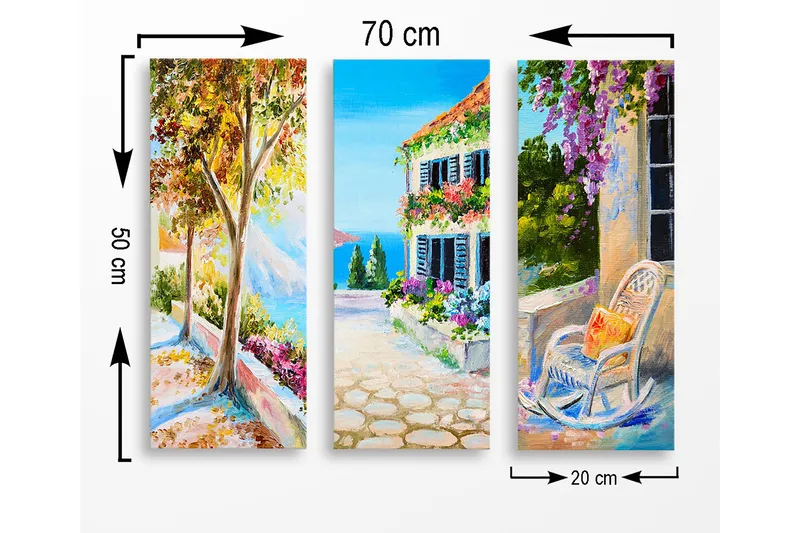 Canvastavla i trä 3-delar 50x70 cm - Vacker landskapsvy med färgglada blommor och en solig gata - Grön / Blå / Orange - Inredning - Tavlor & konst - Canvastavlor