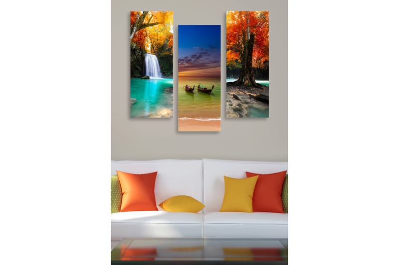 Canvastavla i trä 3-delar 50x70 cm - Vacker landskapsvy med fallande vatten och färgglada höstträd, Turkos / Orange / Röd
