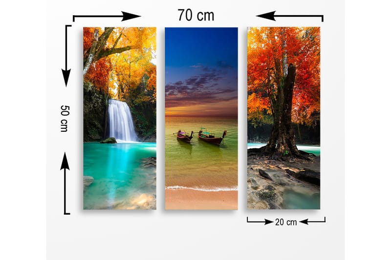 Canvastavla i trä 3-delar 50x70 cm - Vacker landskapsvy med fallande vatten och färgglada höstträd - Turkos / Orange / Röd - Inredning - Tavlor & konst - Canvastavlor