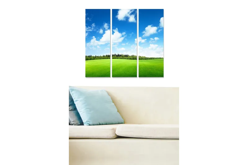 Canvastavla i trä 3-delar 50x70 cm - Vacker landskapsvy med grön äng och blå himmel, Grön / Blå