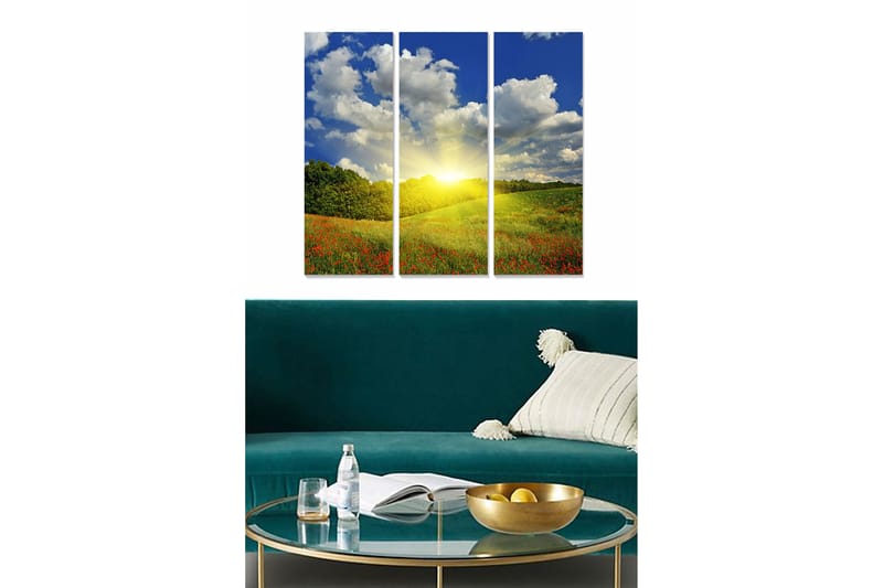 Canvastavla i trä 3-delar 50x70 cm - Vacker landskapsvy med soluppgång över en blomstrande äng - Blå / Grön / Gul - Inredning - Tavlor & konst - Canvastavlor