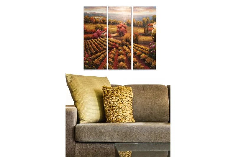 Canvastavla i trä 3-delar 50x70 cm - Vacker landskapsvy med vinfält och färgglada träd i höstskrud, Guld / Röd / Grön