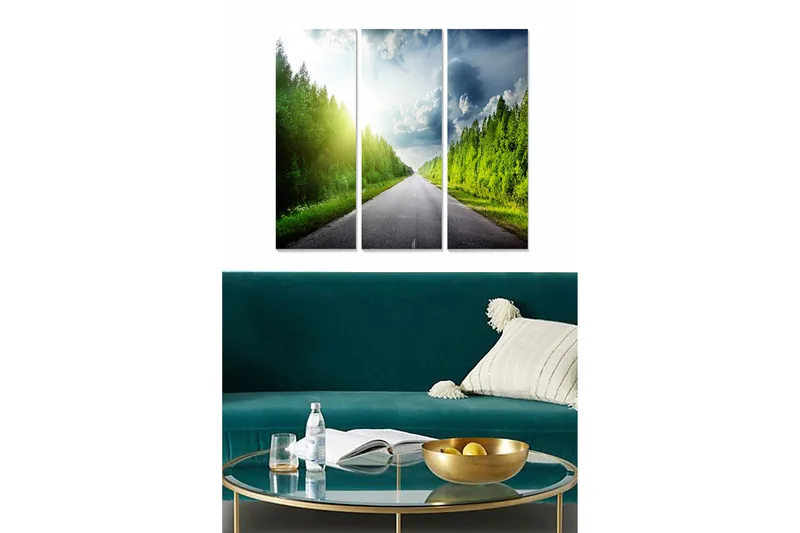 Canvastavla i trä 3-delar 50x70 cm - Vacker landsväg omgiven av frodig grönska och himmel med moln, Grön / Grå / Blå