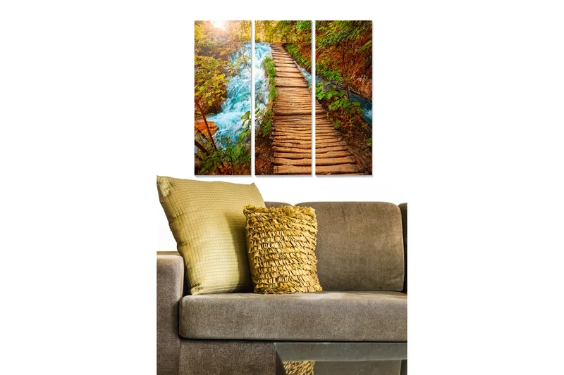 Canvastavla i trä 3-delar 50x70 cm - Vacker skogsstig med rinnande vatten och höstfärger, Grön / Brun / Blå