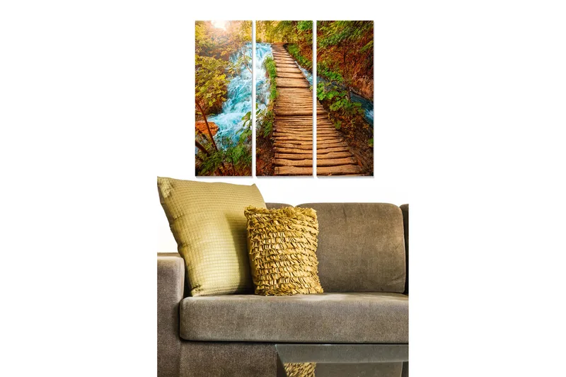 Canvastavla i trä 3-delar 50x70 cm - Vacker skogsstig med rinnande vatten och höstfärger, Grön / Brun / Blå