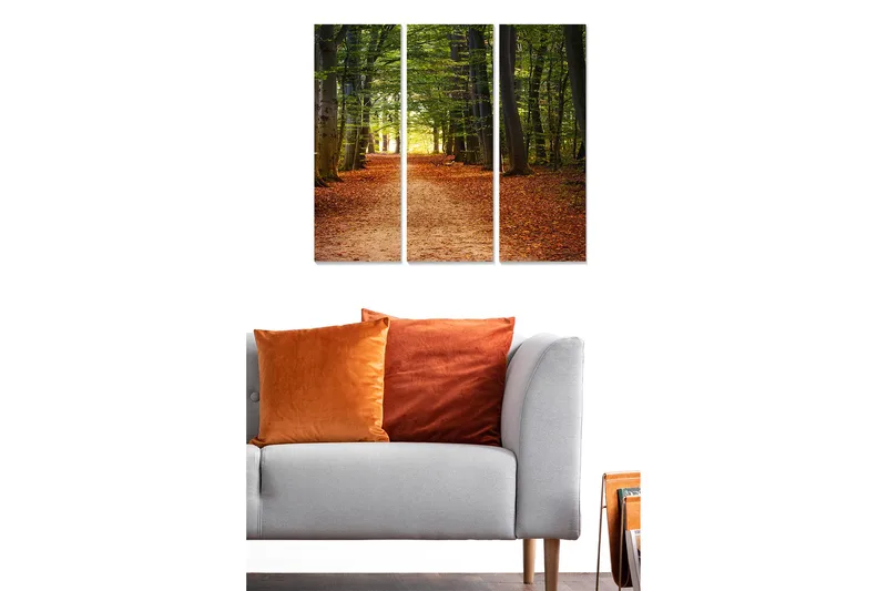 Canvastavla i trä 3-delar 50x70 cm - Vacker skogsväg omgiven av gröna träd och höstlöv - Grön / Orange / Brun - Inredning - Tavlor & konst - Canvastavlor