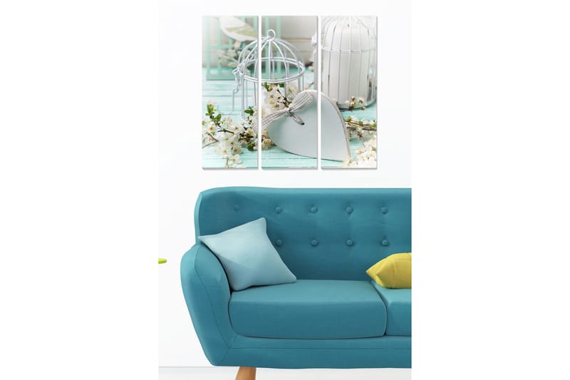 Canvastavla i trä 3-delar 50x70 cm - Vacker stillhet med fågelburar och blommor i en romantisk komposition - Ljusblå / Vit / Grön - Inredning - Tavlor & konst - Canvastavlor