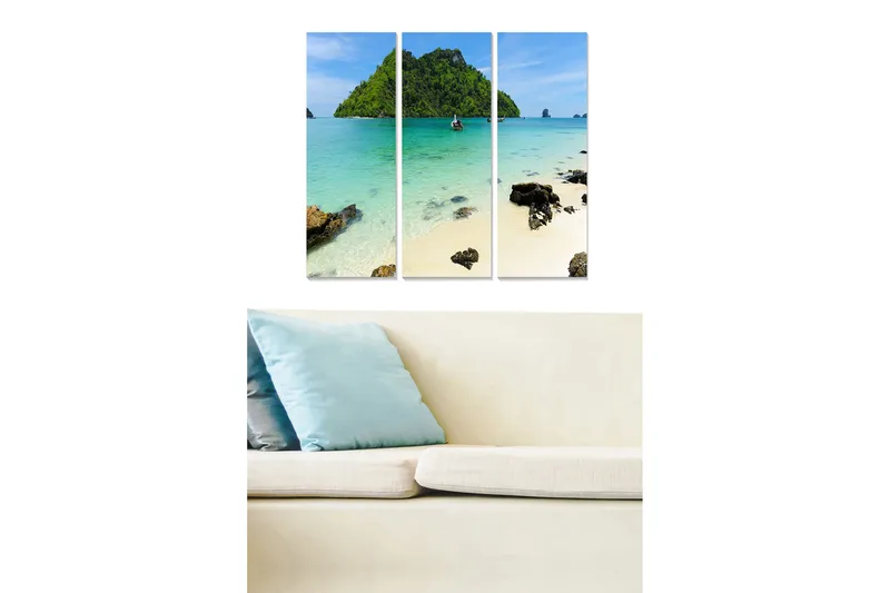 Canvastavla i trä 3-delar 50x70 cm - Vacker strand med klart turkost vatten och grönskande öar i bakgrunden - Turkos / Grön / Beige - Inredning - Tavlor & konst - Canvastavlor
