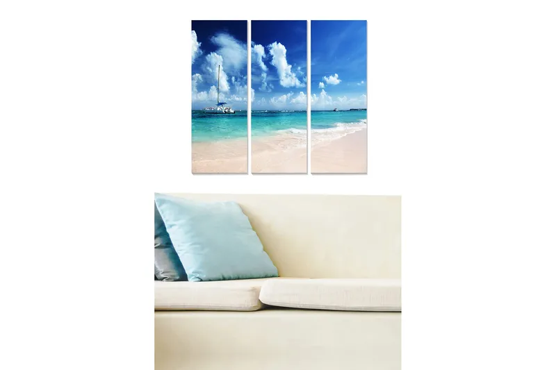 Canvastavla i trä 3-delar 50x70 cm - Vacker strandscen med segelbåt och klarblå himmel, Blå / Turkos / Beige