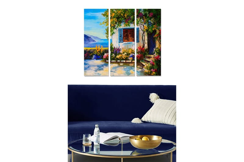 Canvastavla i trä 3-delar 50x70 cm - Vacker utsikt över en blommig trädgård med en vit byggnad och fönster i blått, Grön / Blå / Rosa
