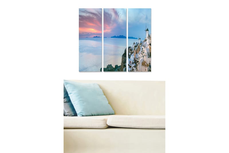 Canvastavla i trä 3-delar 50x70 cm - Vacker utsikt över en grekisk kuststad vid solnedgången - Vit / Blå / Rosa - Inredning - Tavlor & konst - Canvastavlor