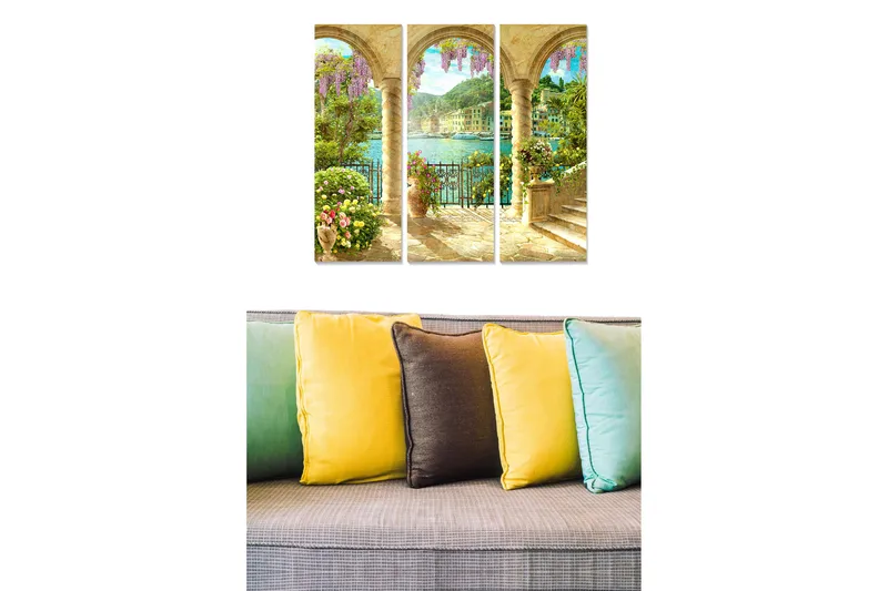 Canvastavla i trä 3-delar 50x70 cm - Vacker utsikt över en medelhavshamn med blommor och pelargångar - Grön / Lila / Guld - Inredning - Tavlor & konst - Canvastavlor