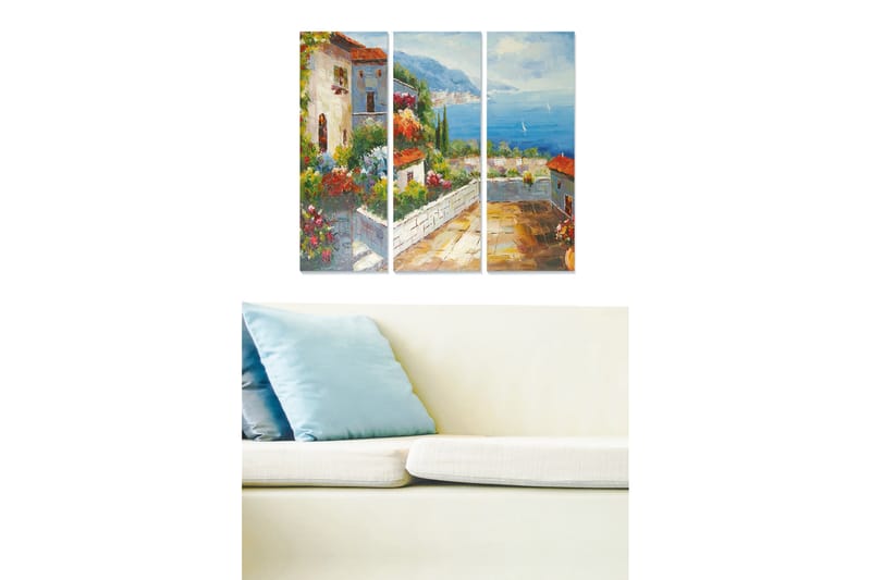Canvastavla i trä 3-delar 50x70 cm - Vacker utsikt över en medelhavsinspirerad by med blommor och havet i bakgrunden - Grön / Blå / Terrakotta - Inredning - Tavlor & konst - Canvastavlor