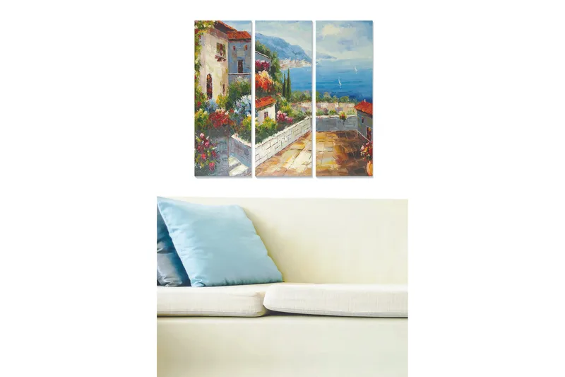 Canvastavla i trä 3-delar 50x70 cm - Vacker utsikt över en medelhavsinspirerad by med blommor och havet i bakgrunden, Grön / Blå / Terrakotta