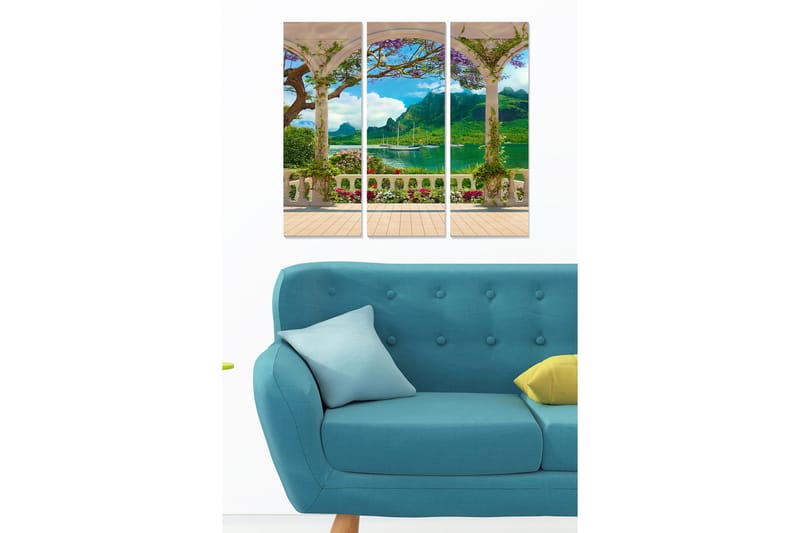 Canvastavla i trä 3-delar 50x70 cm - Vacker utsikt från en pergola med blommor och berg i bakgrunden - Grön / Blå / Vit - Inredning - Tavlor & konst - Canvastavlor