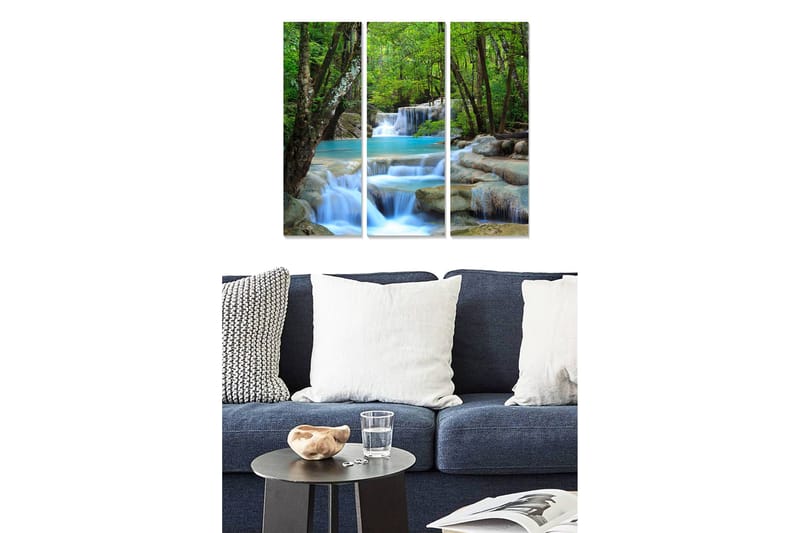 Canvastavla i trä 3-delar 50x70 cm - Vacker vattenfall med omgivande grönska, Grön / Turkos / Beige