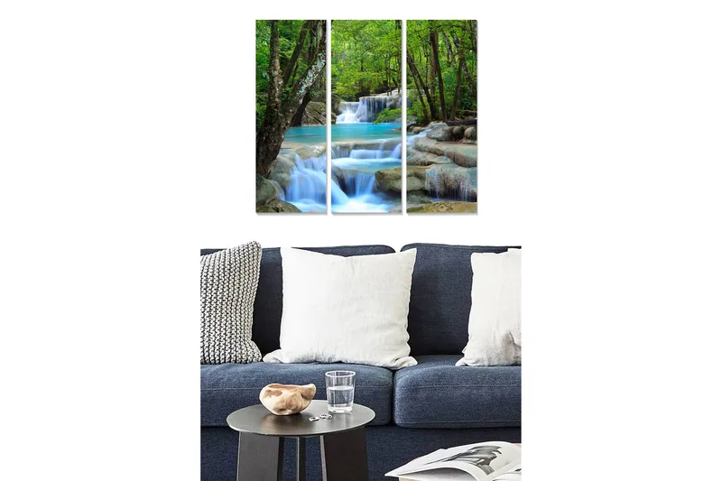 Canvastavla i trä 3-delar 50x70 cm - Vacker vattenfall med omgivande grönska, Grön / Turkos / Beige