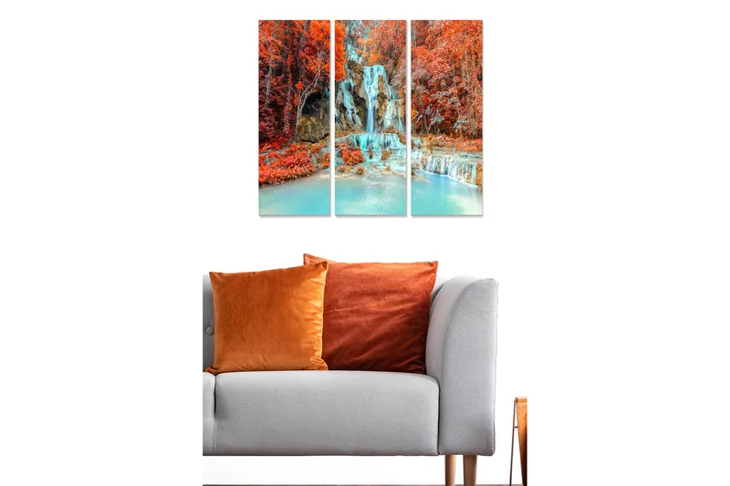 Canvastavla i trä 3-delar 50x70 cm - Vacker vattenfall omgiven av färgglada höstlöv - Röd / Turkos / Orange - Inredning - Tavlor & konst - Canvastavlor