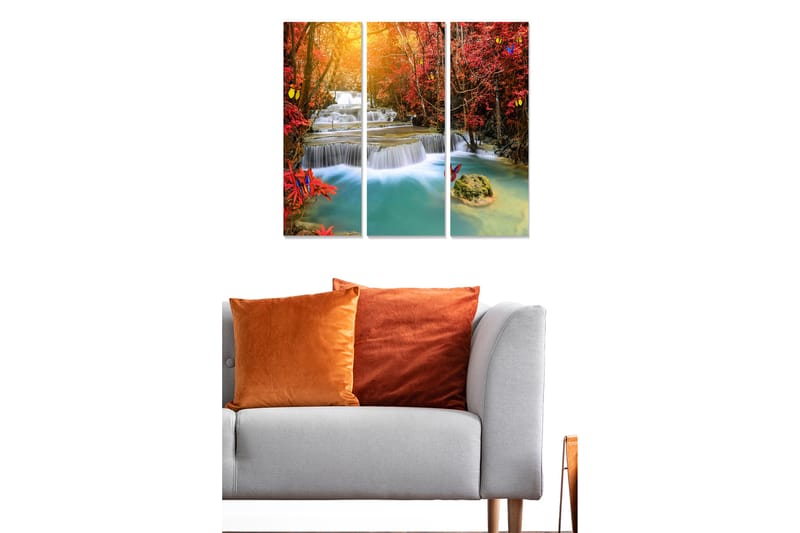 Canvastavla i trä 3-delar 50x70 cm - Vacker vattenfallsscen omgiven av höstfärgade träd och fjärilar - Röd / Blå / Turkos - Inredning - Tavlor & konst - Canvastavlor