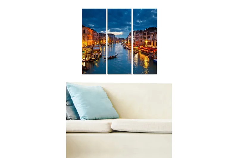 Canvastavla i trä 3-delar 50x70 cm - Vacker vy över en kanal med gondoler och upplysta byggnader i skymningen - Mörkblå / Guld / Orange - Inredning - Tavlor & konst - Canvastavlor