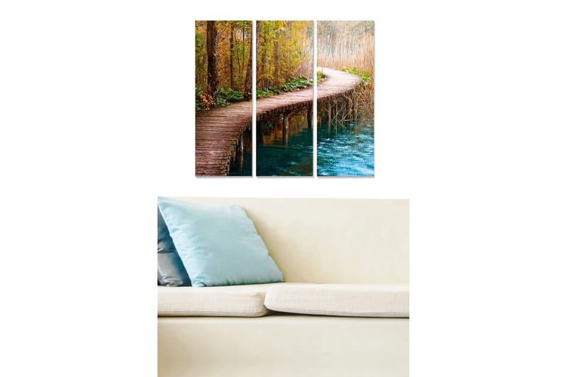 Canvastavla i trä 3-delar 50x70 cm - Vacker promenadstig genom en höstlig skog vid vattnet, Brun / Grön / Blå
