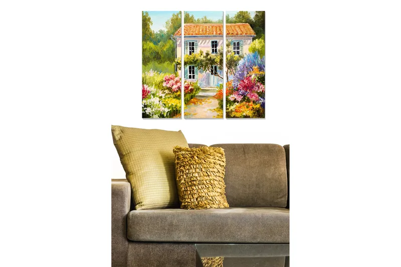 Canvastavla i trä 3-delar 50x70 cm - Vackert hus omgiven av blomstrande trädgård, Grön / Rosa / Lila