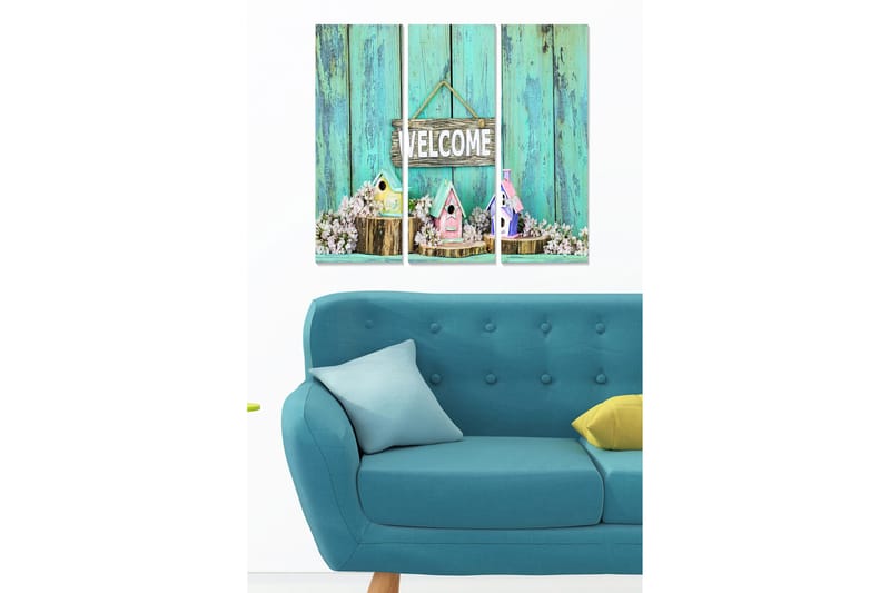 Canvastavla i trä 3-delar 50x70 cm - Vackra fågelholkar med blommor och en välkomnande skylt, Turkos / Rosa / Vit
