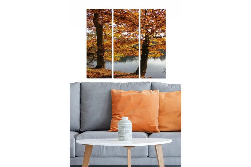 Canvastavla i trä 3-delar 50x70 cm - Vackra höstträd vid en spegelblanka sjö, Orange / Brun / Grön