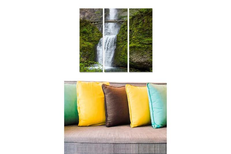 Canvastavla i trä 3-delar 50x70 cm - Vattenfall omgiven av grönskande klippor - Grön / Vit / Grå - Inredning - Tavlor & konst - Canvastavlor