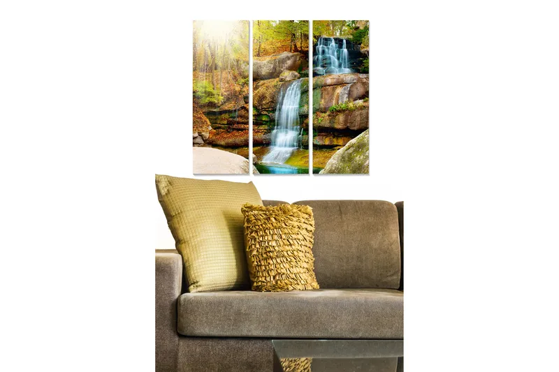 Canvastavla i trä 3-delar 50x70 cm - Vattenfall omgiven av höstfärgad natur, Grön / Brun / Blå
