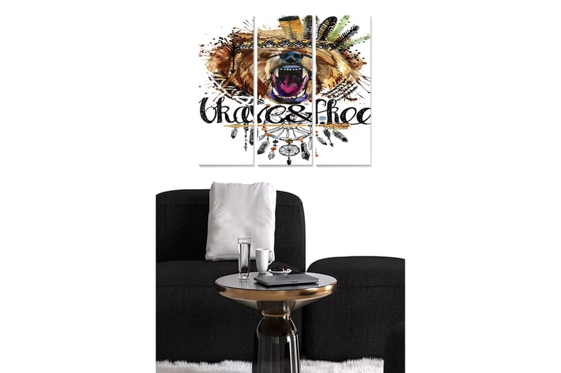 Canvastavla i trä 3-delar 50x70 cm - Vild björn med färgglada fjädrar och ornamentik - Brun / Svart / Orange - Inredning - Tavlor & konst - Canvastavlor