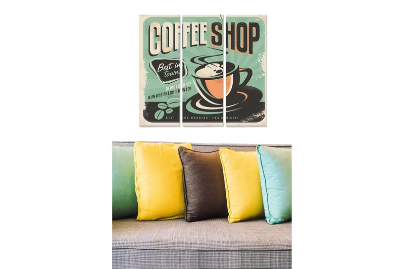 Canvastavla i trä 3-delar 50x70 cm - Vintage affisch med en kaffekopp och texten COFFEE SHOP, Mintgrön / Svart / Orange