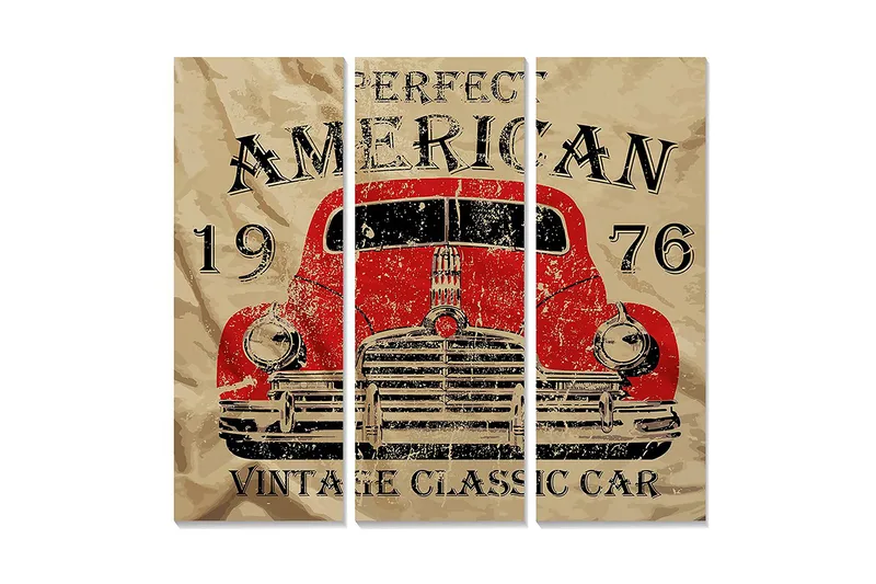 Canvastavla i trä 3-delar 50x70 cm - Vintage amerikansk bil från 1976, Röd / Beige / Svart
