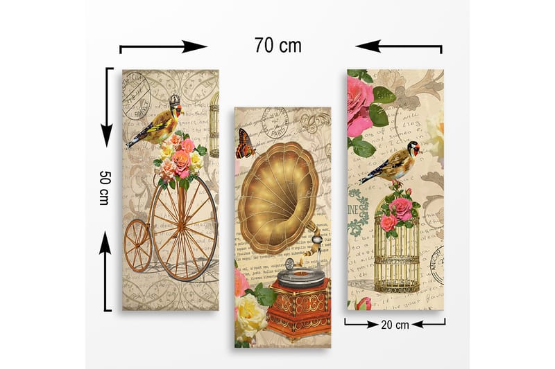 Canvastavla i trä 3-delar 50x70 cm - Vintage komposition med fåglar, blommor och gramofon - Guld / Rosa / Grön - Inredning - Tavlor & konst - Canvastavlor