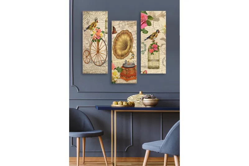 Canvastavla i trä 3-delar 50x70 cm - Vintage komposition med fåglar, blommor och gramofon - Guld / Rosa / Grön - Inredning - Tavlor & konst - Canvastavlor