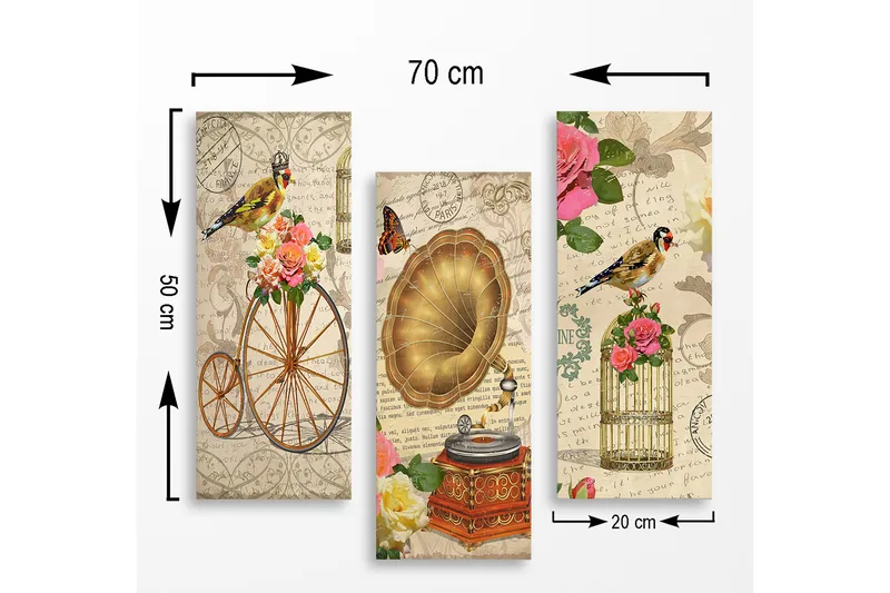 Canvastavla i trä 3-delar 50x70 cm - Vintage komposition med fåglar, blommor och gramofon - Guld / Rosa / Grön - Inredning - Tavlor & konst - Canvastavlor