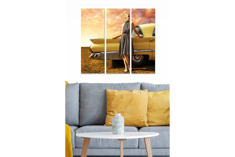 Canvastavla i trä 3-delar 50x70 cm - Vintage kvinna vid en klassisk bil, Gul / Beige / Brun