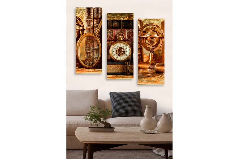 Canvastavla i trä 3-delar 50x70 cm - Vintage samling av böcker och tidmätare, Brunt / Guld / Beige